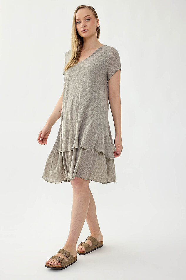 %100 Keten V Yaka Kısa Kol Elbise - 31