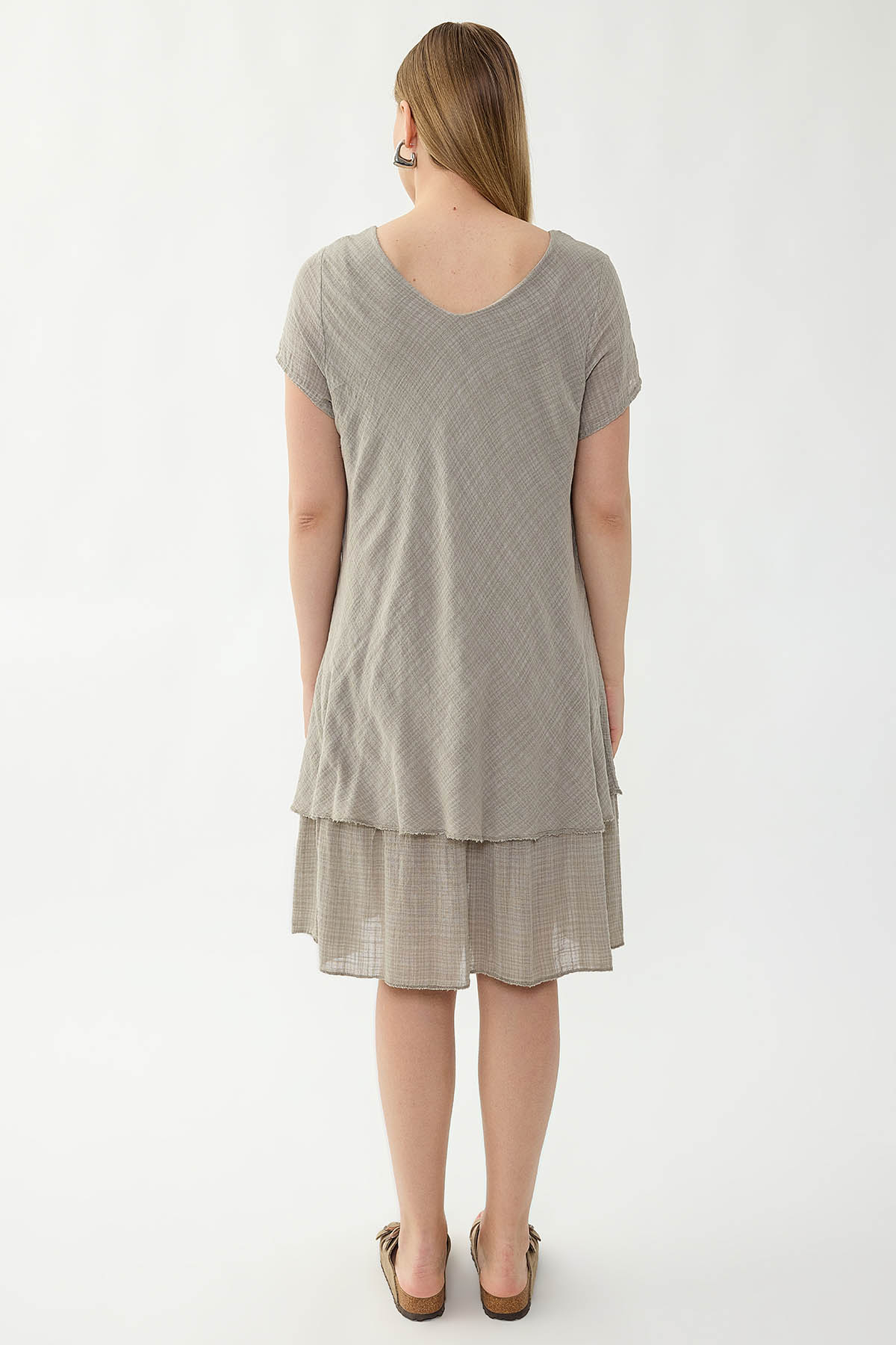 %100 Keten V Yaka Kısa Kol Elbise - Thumbnail