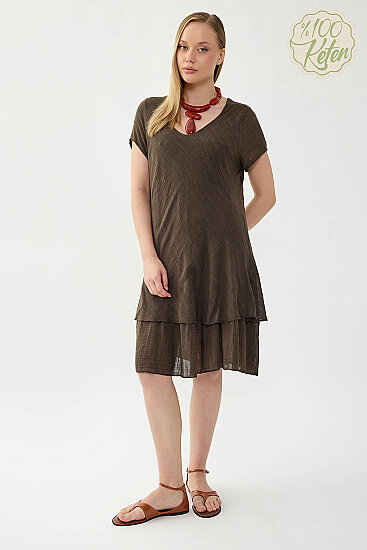 %100 Keten V Yaka Kısa Kol Elbise - 14