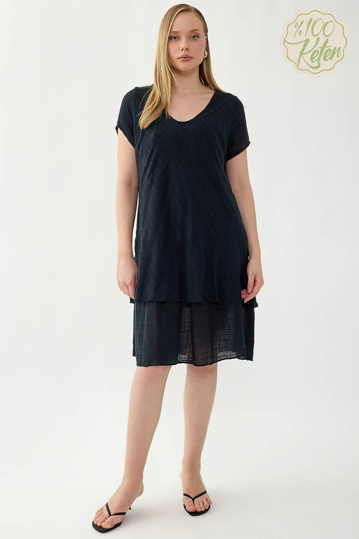 %100 Keten V Yaka Kısa Kol Elbise - Thumbnail