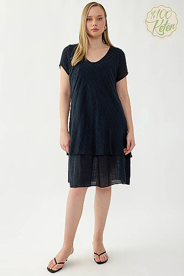 %100 Keten V Yaka Kısa Kol Elbise - 24