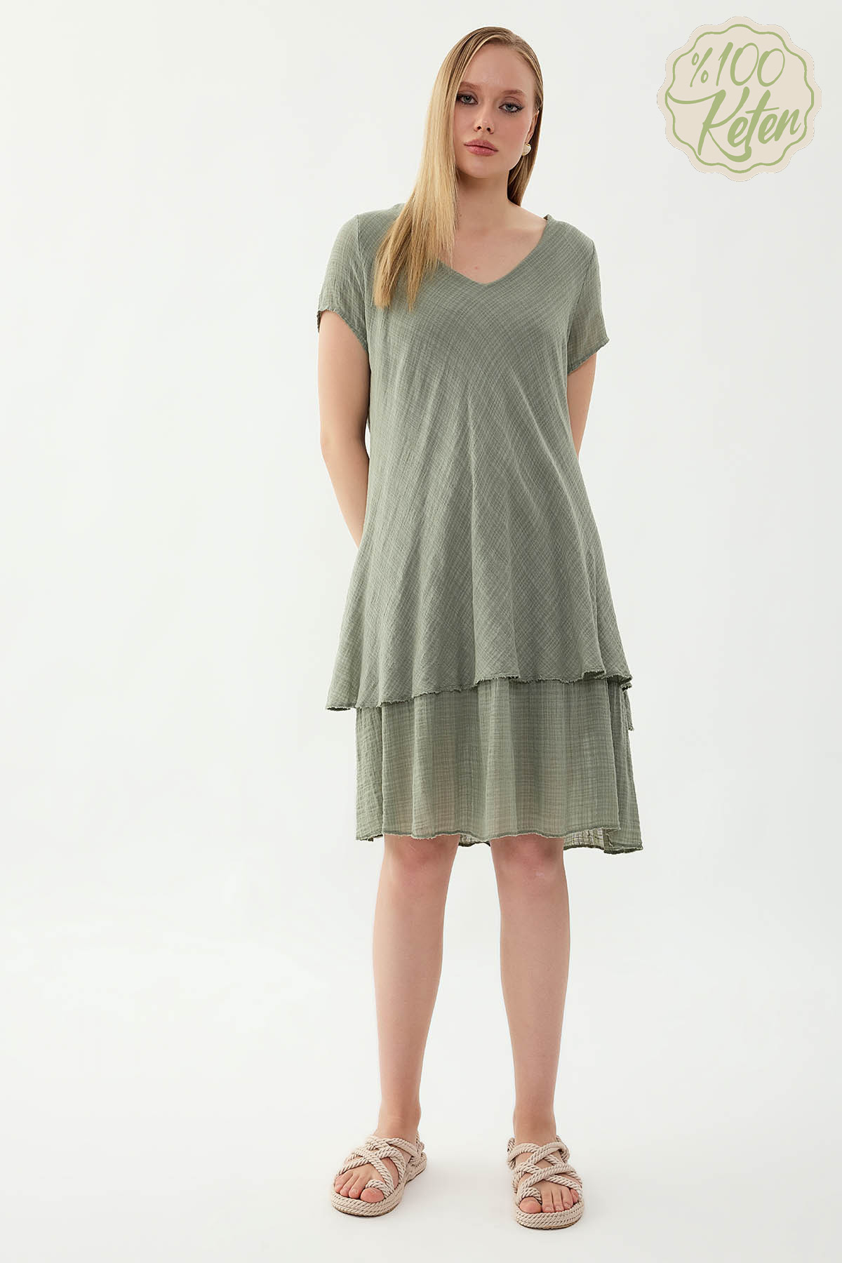 %100 Keten V Yaka Kısa Kol Elbise - Thumbnail