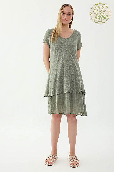 %100 Keten V Yaka Kısa Kol Elbise - 34