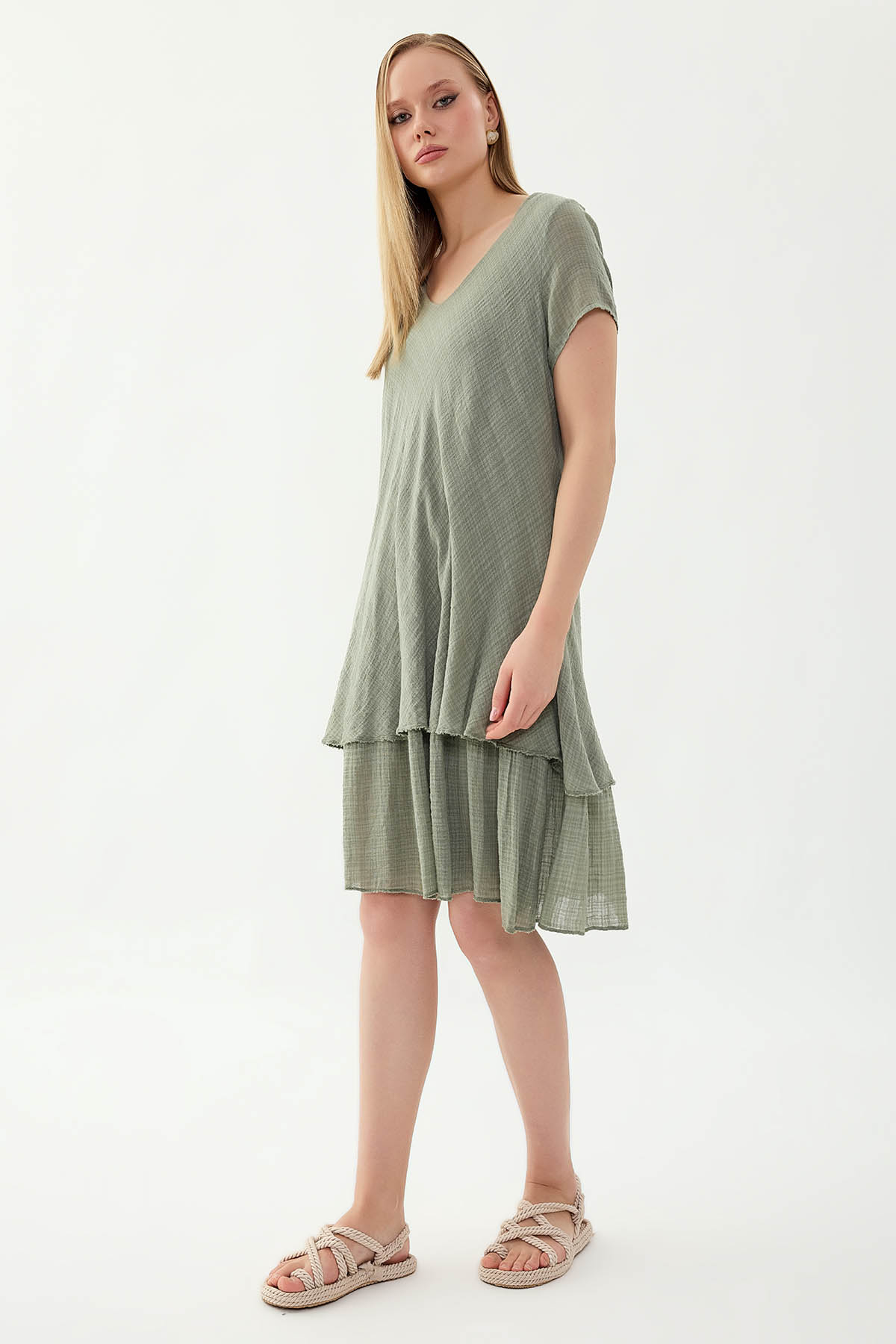 %100 Keten V Yaka Kısa Kol Elbise - Thumbnail