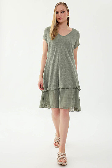 %100 Keten V Yaka Kısa Kol Elbise - 36