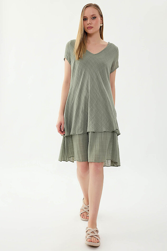 %100 Keten V Yaka Kısa Kol Elbise - 36