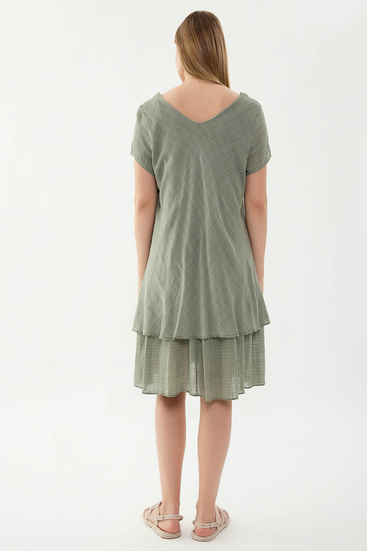 %100 Keten V Yaka Kısa Kol Elbise - Thumbnail