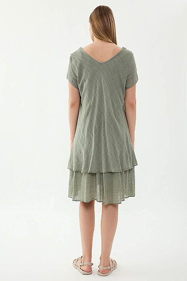 %100 Keten V Yaka Kısa Kol Elbise - 37