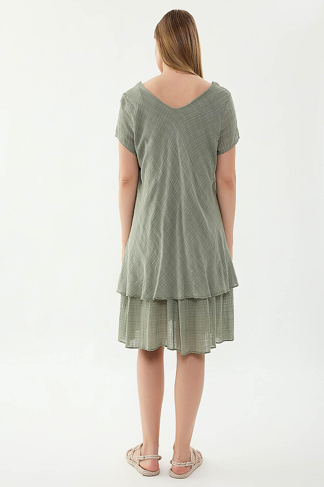 %100 Keten V Yaka Kısa Kol Elbise - 37