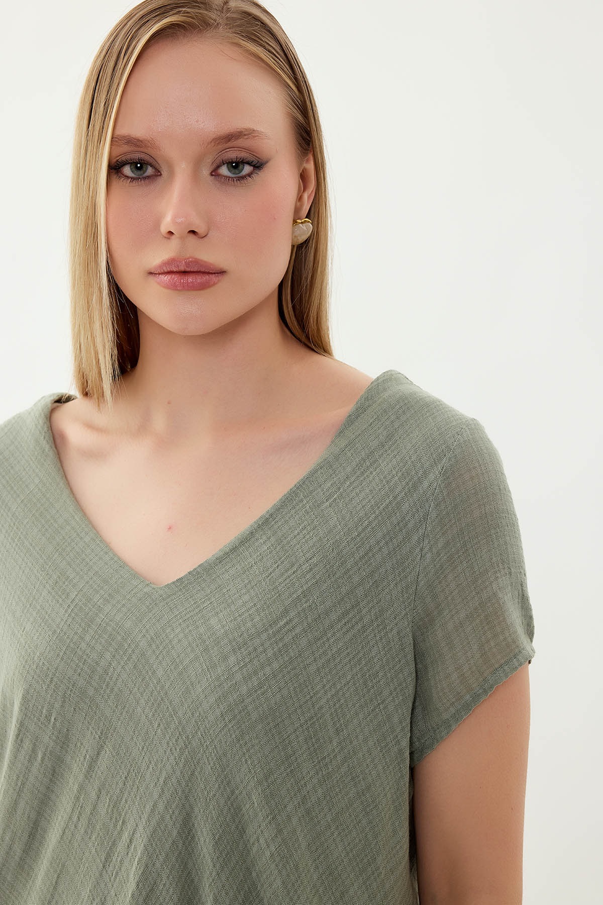 %100 Keten V Yaka Kısa Kol Elbise - Thumbnail