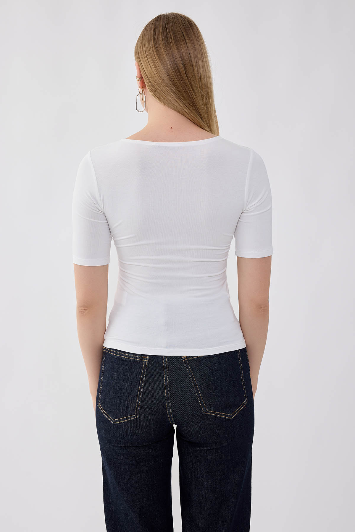 V Yaka Önü Büzgülü Kısa Kol Bluz - Thumbnail