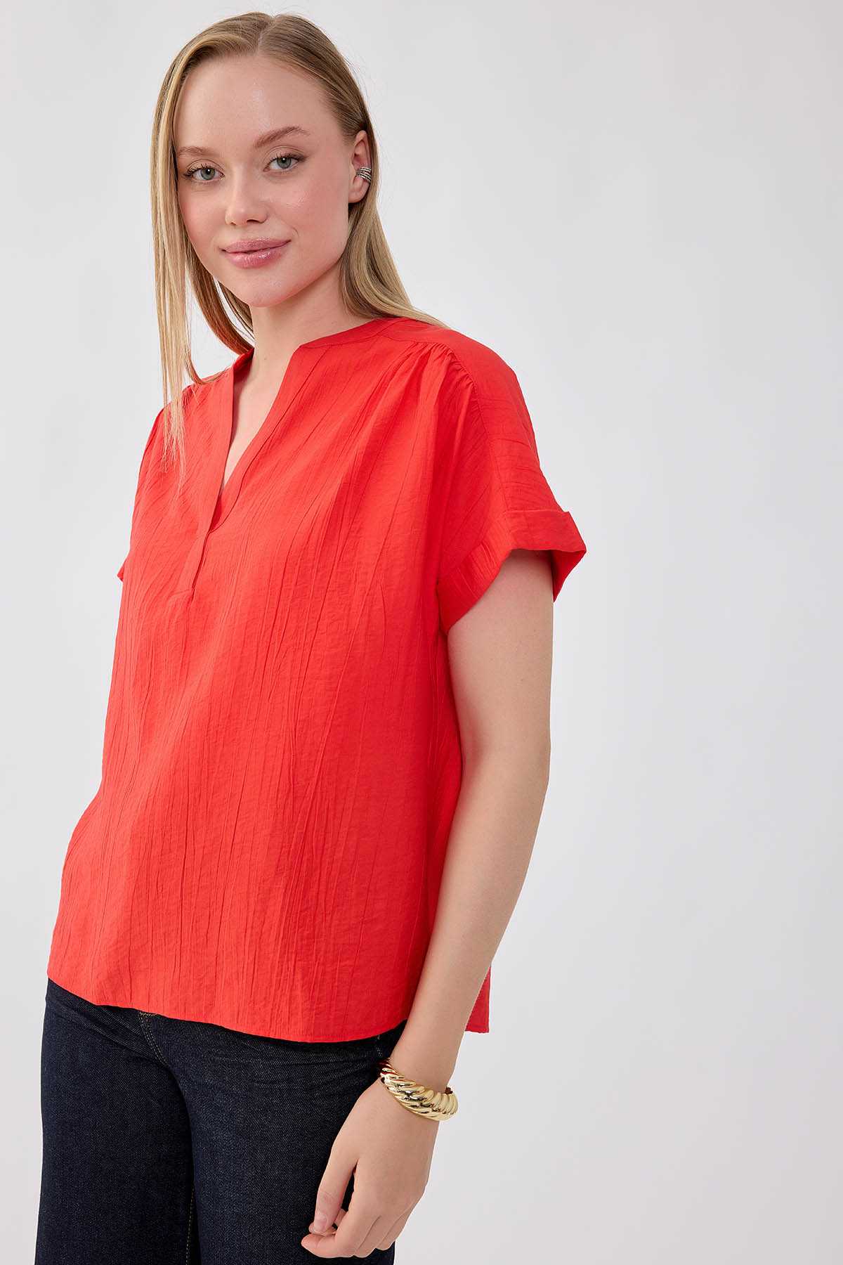 V Yaka Krinkıl Kumaş Bluz - Thumbnail