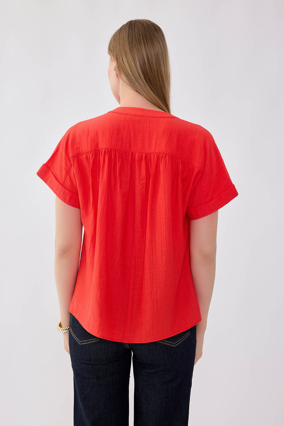 V Yaka Krinkıl Kumaş Bluz - Thumbnail