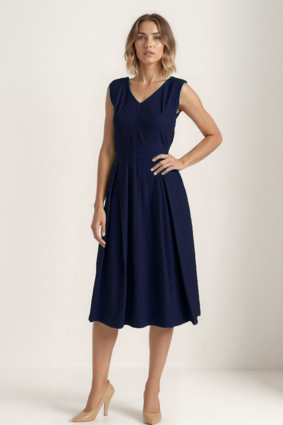 V Yaka Kuşaklı Krinkıl Kumaş Midi Elbise - Thumbnail