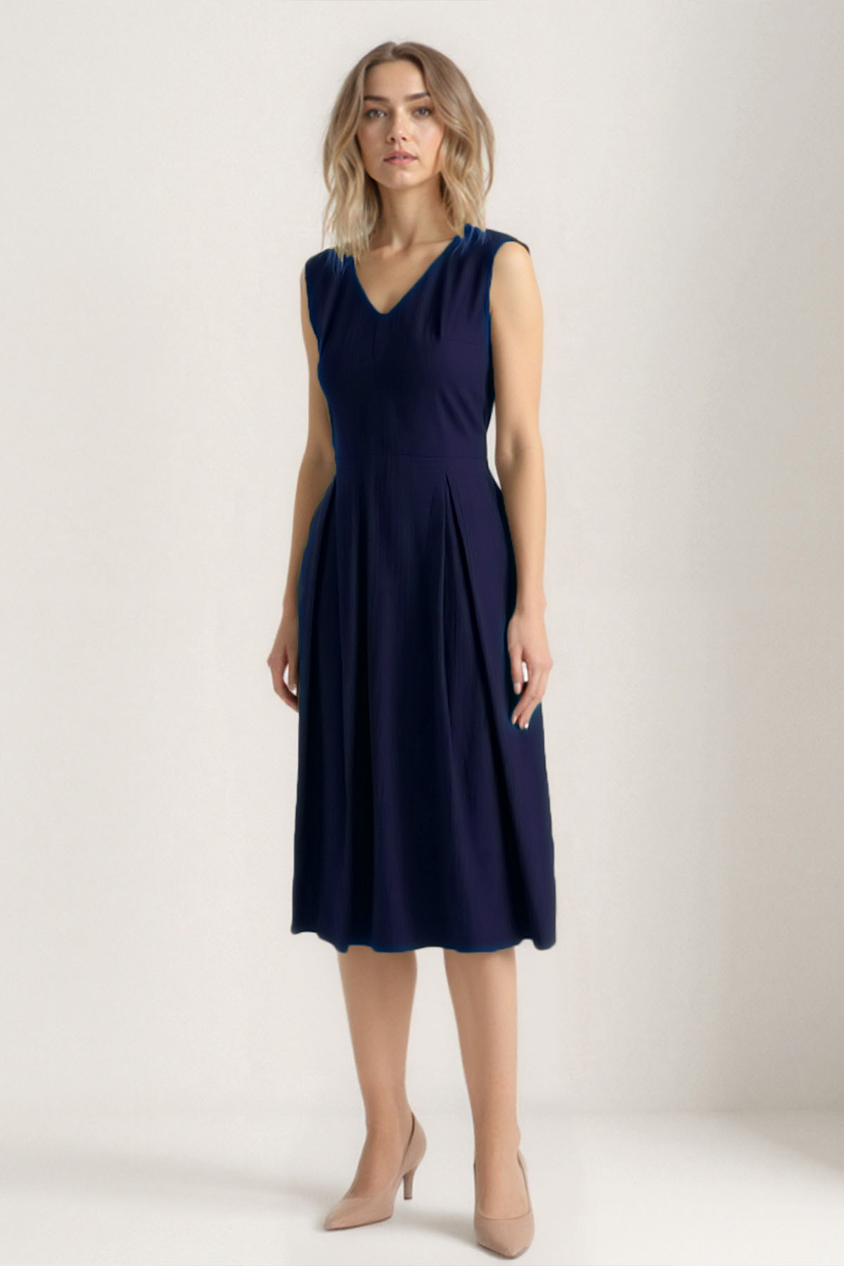 V Yaka Kuşaklı Krinkıl Kumaş Midi Elbise - Thumbnail