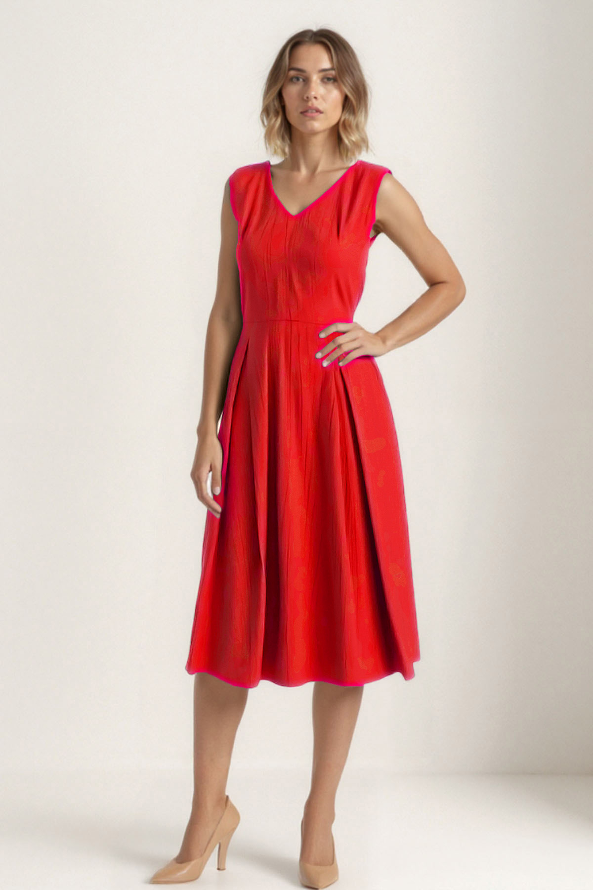 V Yaka Kuşaklı Krinkıl Kumaş Midi Elbise - Thumbnail