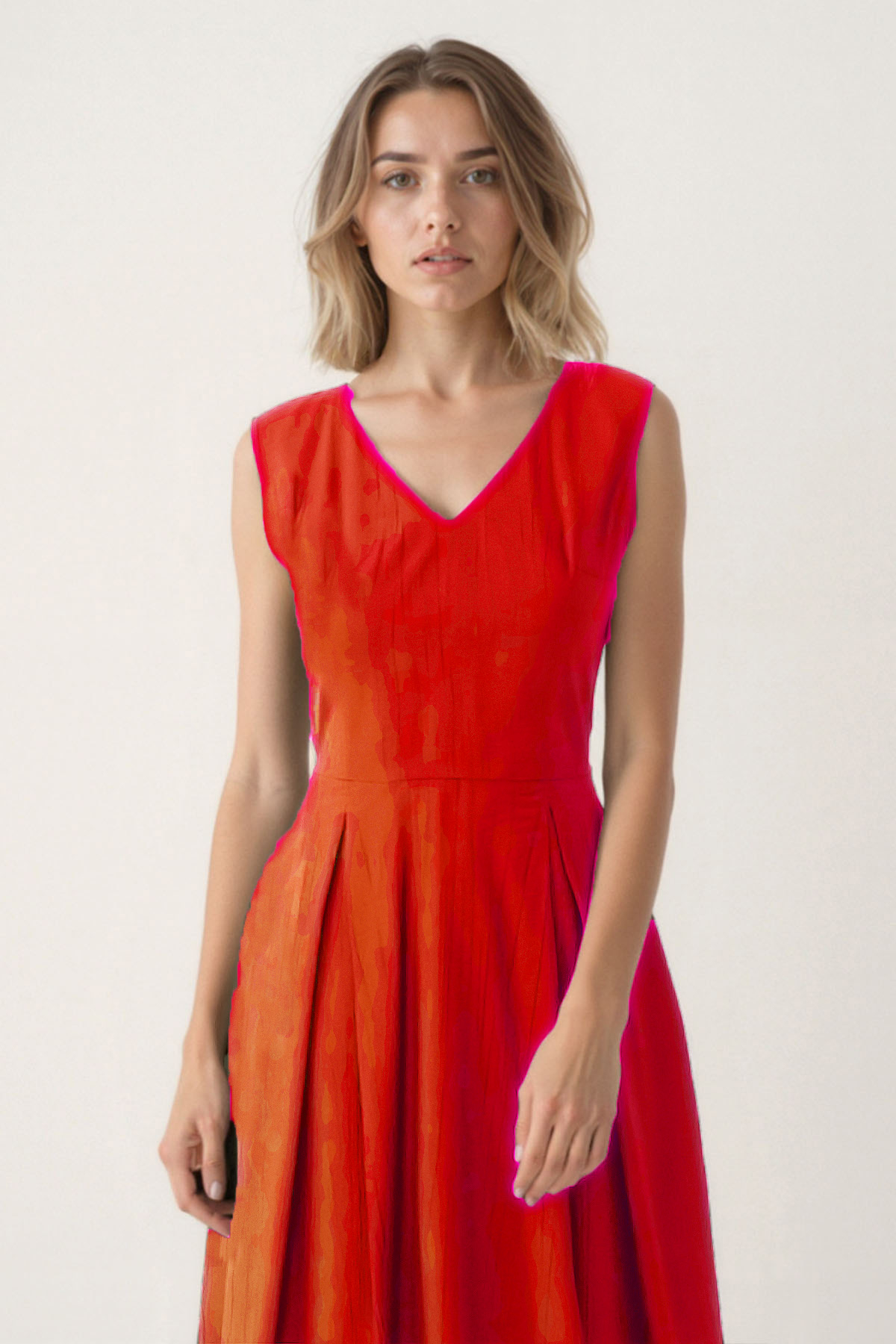 V Yaka Kuşaklı Krinkıl Kumaş Midi Elbise - Thumbnail