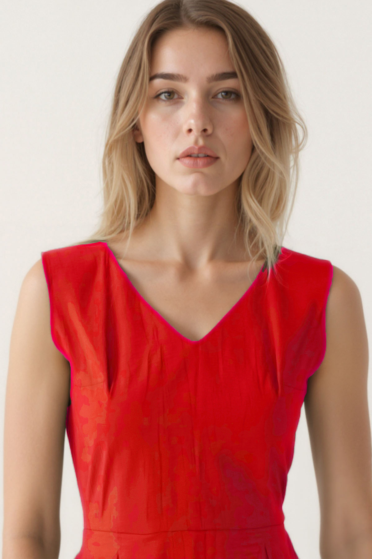 V Yaka Kuşaklı Krinkıl Kumaş Midi Elbise - Thumbnail