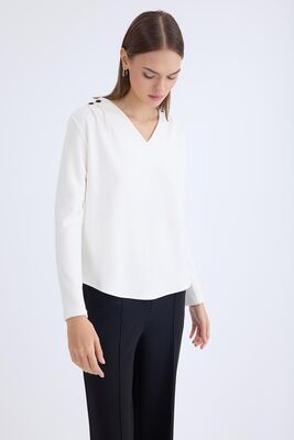 V Yaka Omuzu Düğmeli Uzun Kol Bluz - Thumbnail (2)