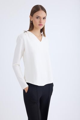 V Yaka Omuzu Düğmeli Uzun Kol Bluz - Thumbnail (4)