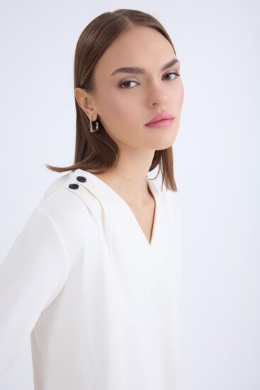 V Yaka Omuzu Düğmeli Uzun Kol Bluz - 2