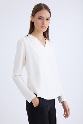 V Yaka Omuzu Düğmeli Uzun Kol Bluz - Thumbnail (5)