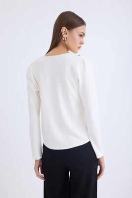 V Yaka Omuzu Düğmeli Uzun Kol Bluz - Thumbnail (3)