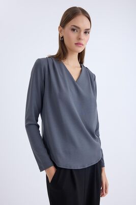 V Yaka Omuzu Düğmeli Uzun Kol Bluz - Thumbnail (10)