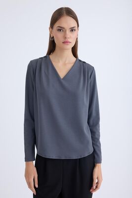 V Yaka Omuzu Düğmeli Uzun Kol Bluz - Thumbnail (6)