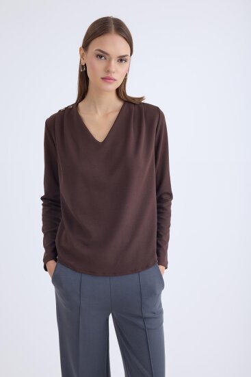 V Yaka Omuzu Düğmeli Uzun Kol Bluz - 14