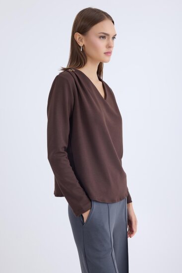 V Yaka Omuzu Düğmeli Uzun Kol Bluz - 16