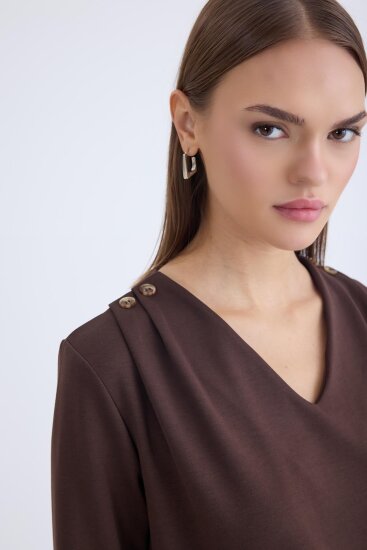 V Yaka Omuzu Düğmeli Uzun Kol Bluz - 13