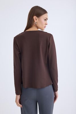 V Yaka Omuzu Düğmeli Uzun Kol Bluz - Thumbnail (14)