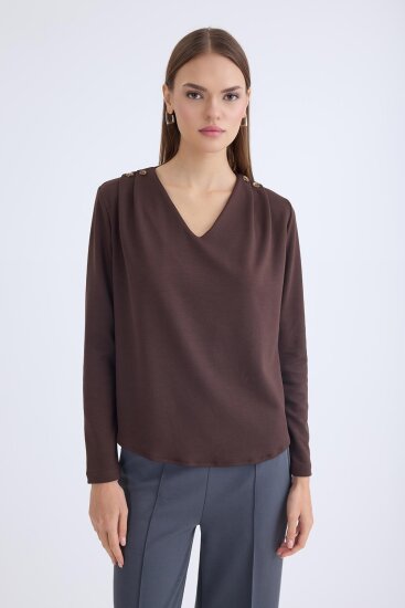 V Yaka Omuzu Düğmeli Uzun Kol Bluz - 12