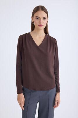 V Yaka Omuzu Düğmeli Uzun Kol Bluz - Thumbnail (11)