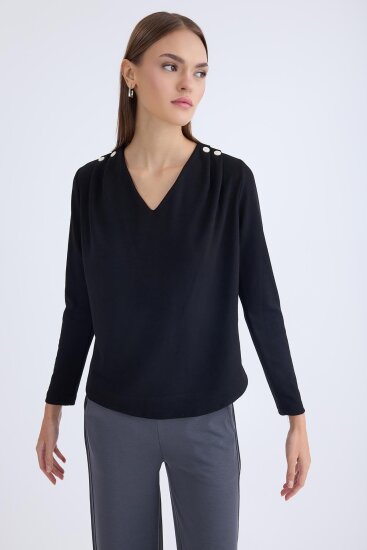 V Yaka Omuzu Düğmeli Uzun Kol Bluz - 17