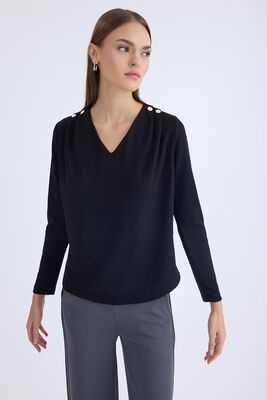 V Yaka Omuzu Düğmeli Uzun Kol Bluz - Thumbnail (16)