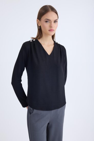 V Yaka Omuzu Düğmeli Uzun Kol Bluz - 19