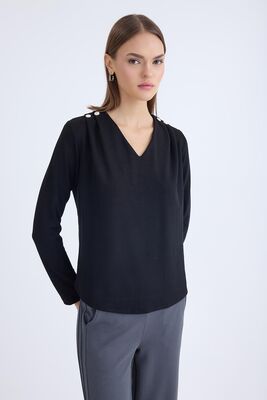 V Yaka Omuzu Düğmeli Uzun Kol Bluz - Thumbnail (18)