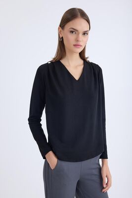 V Yaka Omuzu Düğmeli Uzun Kol Bluz - Thumbnail (20)