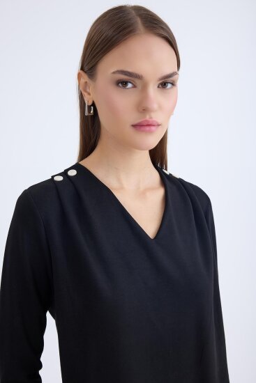 V Yaka Omuzu Düğmeli Uzun Kol Bluz - 18