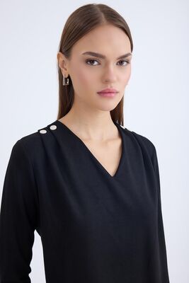 V Yaka Omuzu Düğmeli Uzun Kol Bluz - Thumbnail (17)