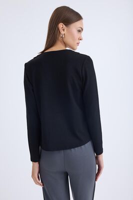 V Yaka Omuzu Düğmeli Uzun Kol Bluz - Thumbnail (19)