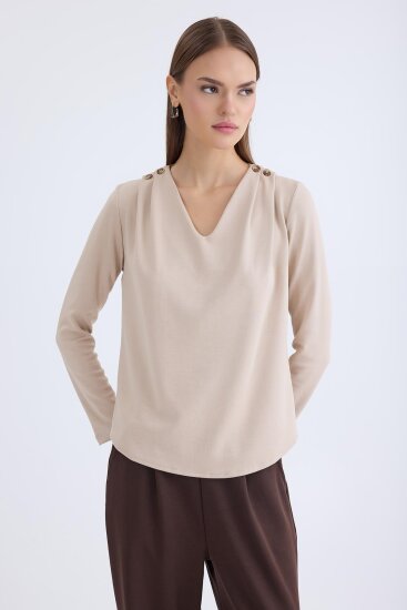 V Yaka Omuzu Düğmeli Uzun Kol Bluz - 22
