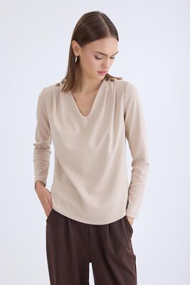 V Yaka Omuzu Düğmeli Uzun Kol Bluz - Thumbnail (23)