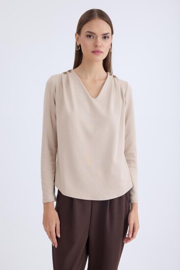 V Yaka Omuzu Düğmeli Uzun Kol Bluz - 26