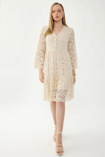 V Yaka Önü Düğmeli Dantelli Elbise - 2