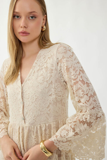 V Yaka Önü Düğmeli Dantelli Elbise - 6