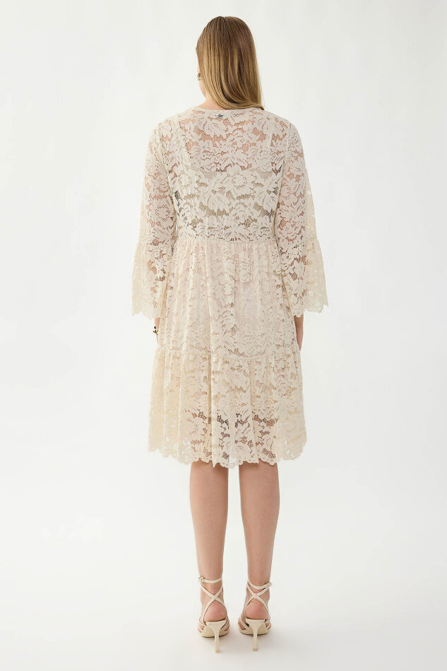 V Yaka Önü Düğmeli Dantelli Elbise - 4