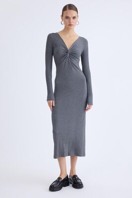 V Yaka Önü Düğüm Detaylı Uzun Elbise - Thumbnail (2)